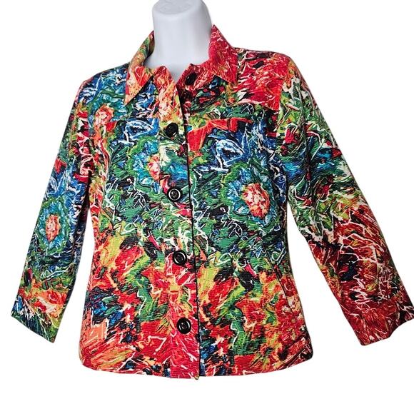 Chico’s Silk Cotton Crinkle Floral Jacket Top Size 0/S Dopamine Dressing Pockets - Picture 1 of 12